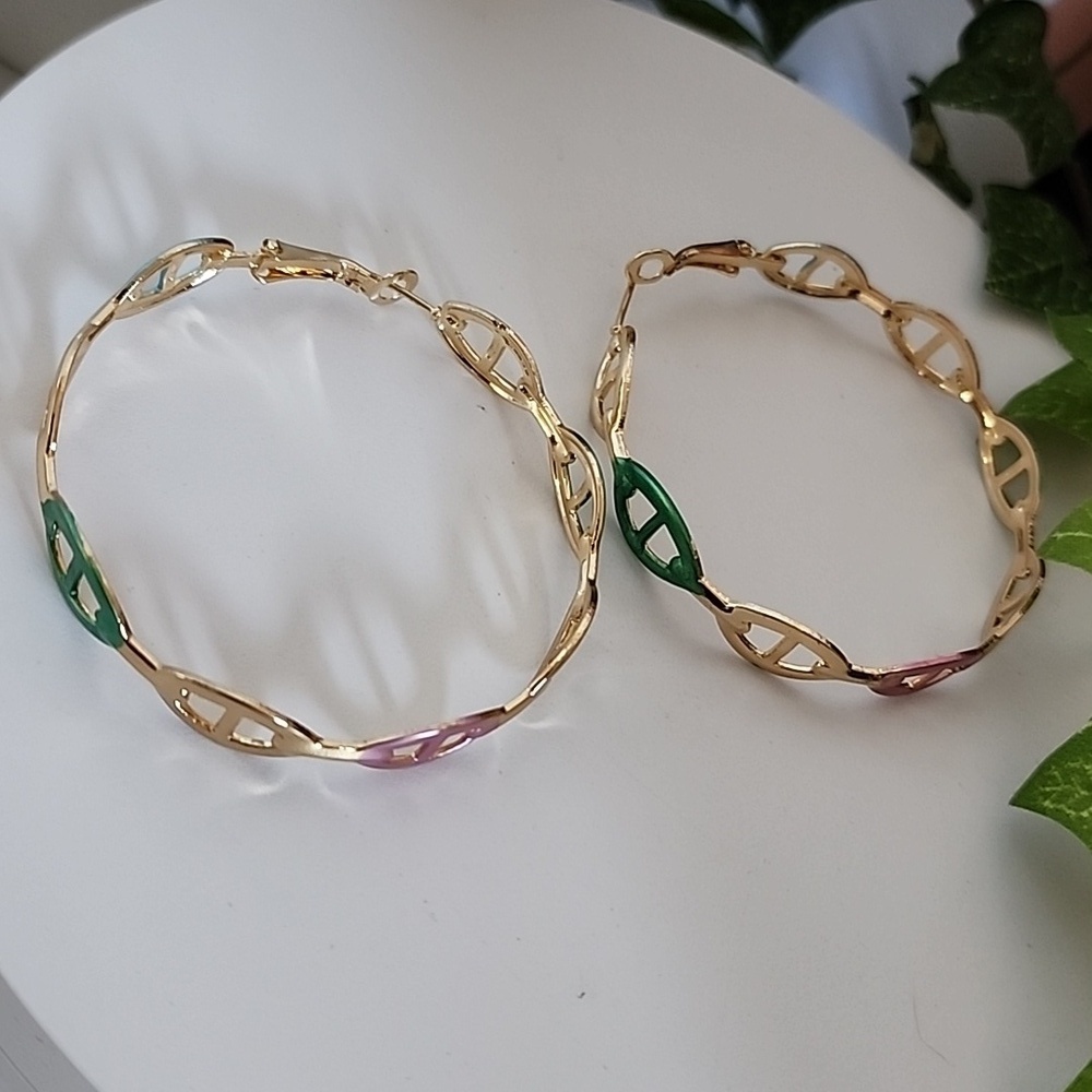 Gold Hoop Earrings Mariner's Chain Link Earrings with Colors